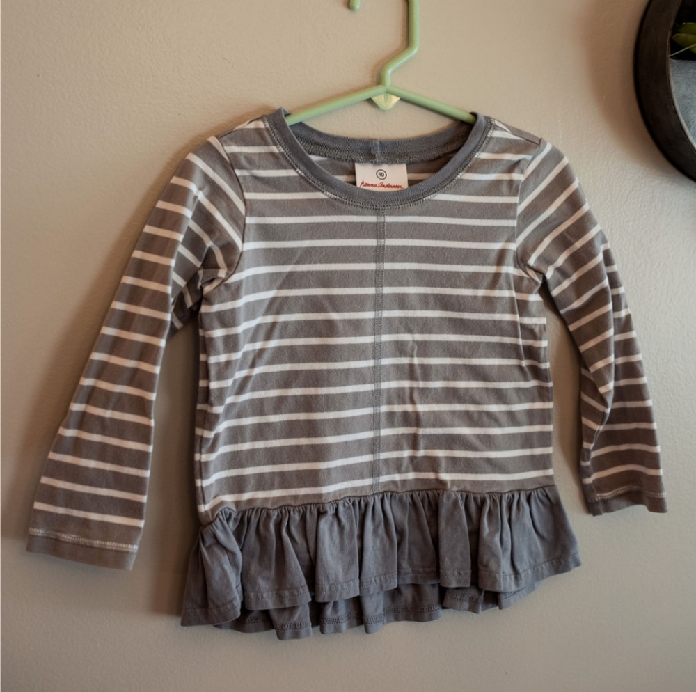Hanna Andersson grey and white stripe long sleeve shirt with ruffle bottom